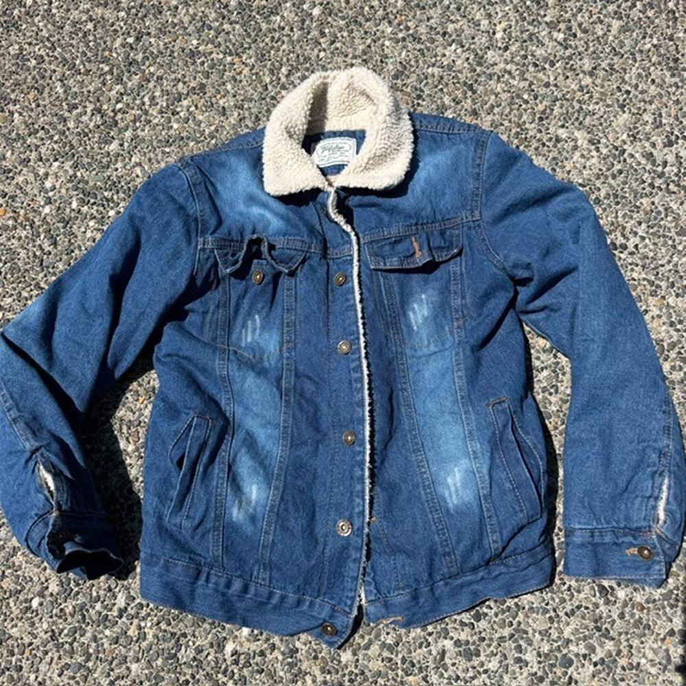 Zara Trafaluc Sherpa Lined Blue Denim Womens Trucker Jacket Size L Distressed